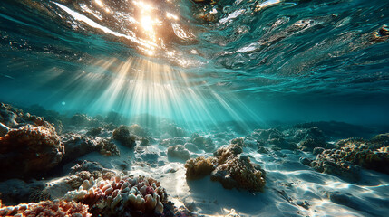 Obraz premium Sun rays pierce through clear water, illuminating coral reefs and the sandy ocean floor. 