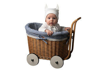 Cute baby in a vintage wicker pram with blue gingham lining