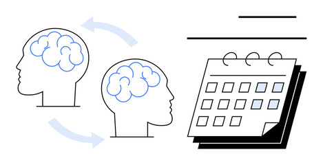Two human profiles with brain icons connected by arrows beside a calendar. Ideal for teamwork, planning, communication, organization, productivity, knowledge sharing, innovation. Simple flat metaphor