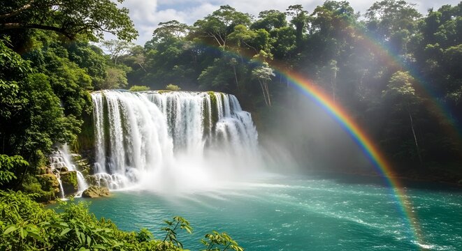 Majestic Waterfall in Lush Jungle with Double Rainbow and Turquoise Water - Serene Nature Landscape