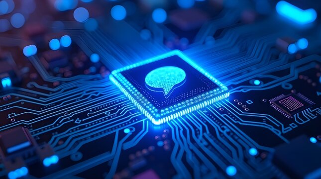 Artificial intelligence chatbot processor glowing blue on futuristic digital motherboard, AI communication technology, virtual data network, machine learning innovation background concept