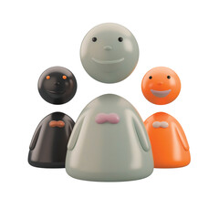 A family of cute, minimalist 3D characters in different colors on a white background.