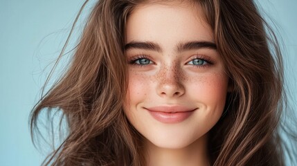Obraz premium Joyful Young Woman with Freckles and Long Flowing Hair Smiling Brightly