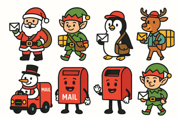 Christmas characters delivering mail and packages with festive holiday spirit