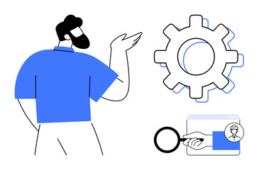 Man gesturing towards a gear icon, magnifying glass, and web interface. Ideal for teamwork, development, tech innovation, problem-solving, project planning data search productivity. Simple flat