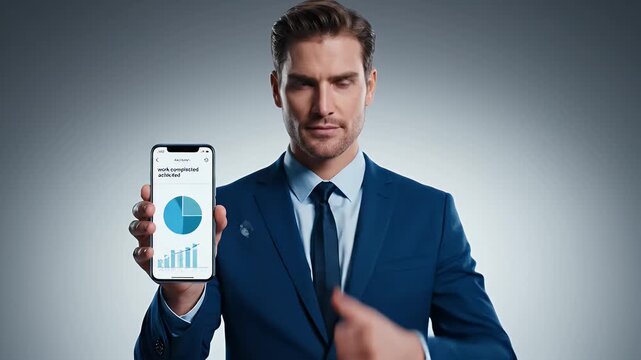 Confident Businessman in Dark Blue Suit Holding Smartphone Showing Charts with Thumbs Up in Studio with Clean Minimalist Background and Warm Lighting