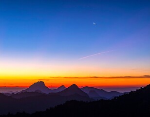 Obraz premium A scenic vista showcasing the silhouettes of mountain ranges under a vibrant sky, transitioning through shades of blue, orange, and gold, with a crescent moon