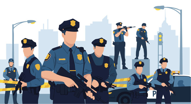 Police officers in uniform with weapons at a crime scene investigation.