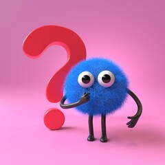 Fluffy, cute monster beside a question mark, symbolizing inquiry or curiosity. 3D rendering, conceptual image. Isolated on white background.
