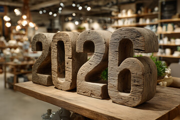 Rustic weathered wooden numbers 2026 displayed on table in store