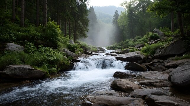 A dynamic forest stream cascades over mossy rocks with mist rising from the rushing water amidst lush greenery - Powered by Adobe