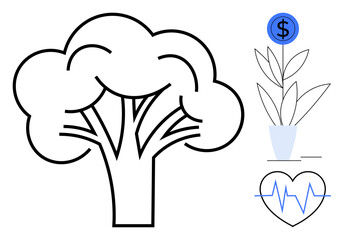 Clean tree design symbolizing growth, potted plant with economic focus, and heart with health line. Ideal for environment, finance, wellness, sustainability, growth health economic progress. Simple