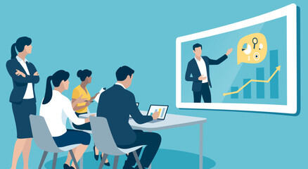 Teleconferencing. Network communication. The team works over the network. Business vector illustration.