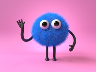 Fluffy, cute monster waving, symbolizing greeting or friendliness. 3D rendering, conceptual image. Isolated on white background.