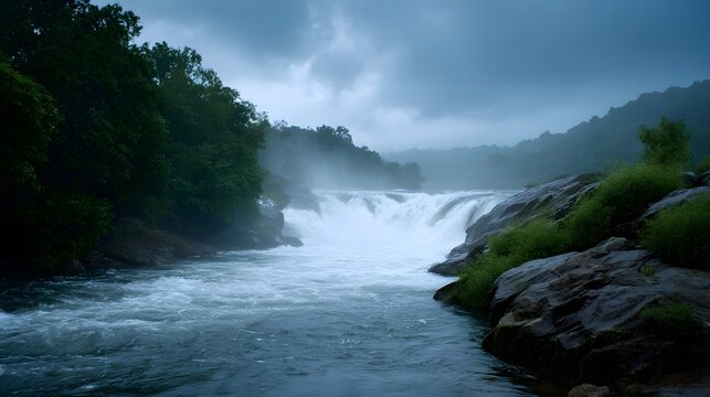 Powerful waterfall cascading over dark rocks shrouded in mist under a dramatic overcast sky surrounded by lush green forest