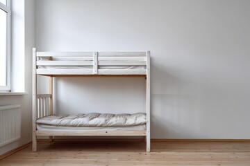 Wooden stacked sleeping unit stands in a minimalist room with light colored walls and wooden floor