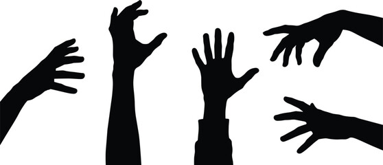 Black Silhouettes of Expressive Human Hands in Gesturing, Reaching, and Grasping Poses on White Background for Symbolic Vector Design