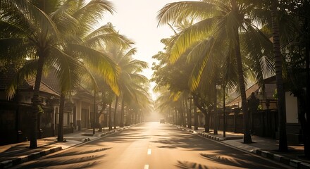 Sun-Drenched Road Through a Tropical Paradise of Palm Trees.