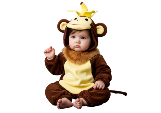 Adorable baby in monkey costume with banana crown sitting down