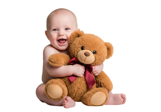 Adorable baby hugging teddy bear isolated on black background studio shot