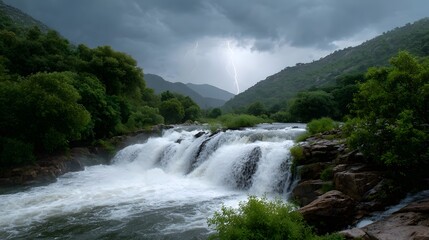 Dramatic thunderstorm over a powerful waterfall cascading down lush green hills with visible lightning illuminating the dark cloudy sky