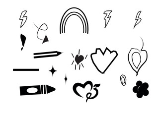 Collection of hand drawn doodle icons and symbols on white background