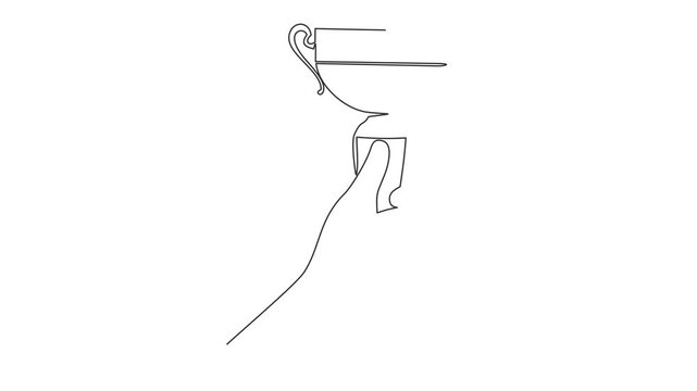 Animated self drawing of continuous line draw. gold trophy held by one hand. Symbol of winning championships, matches and sports competitions. Full length one line animation. 4K	
