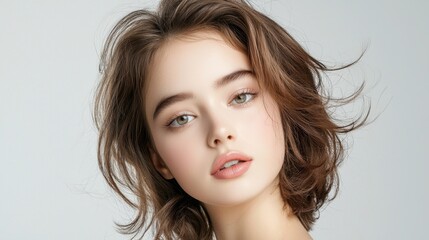 Soft Natural Portrait of a Young Woman with Wavy Hair and Gentle Expression