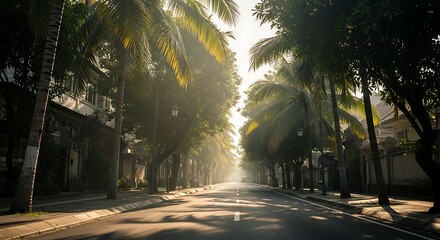 Sun-Kissed Road - A Tropical Morning Scene with Palm Trees.