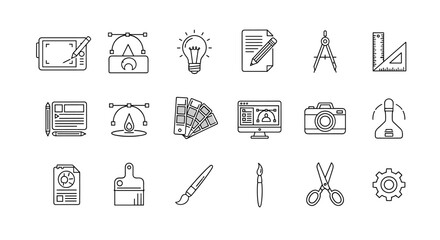 A comprehensive set of 15 editable stroke line icons representing graphic design and creative tools, including a drawing tablet, vector shapes, lightbulb, document with pencil, compass, ruler, color