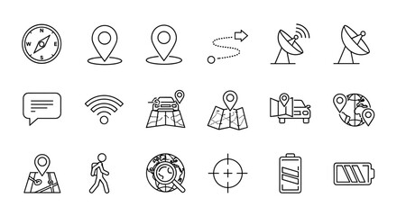 Collection of thin line web icons representing navigation and location elements, including a compass, GPS pins, route path, satellite dishes, chat bubble, Wi-Fi signal, car on map, folded map