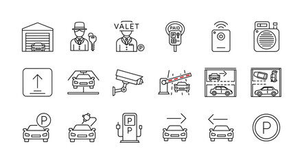 Comprehensive parking line icon set featuring garage, valet service with key, paid parking meter, security camera, car lift, remote control, parking meter, electric vehicle charging station, and