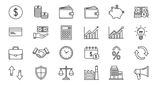 A comprehensive set of clean, editable stroke line icons representing various financial and business concepts, including income, salary, money, investments, and business operations, presented as a