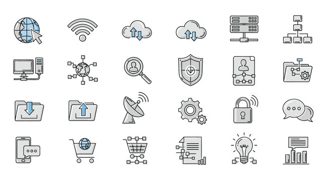 Collection of Net-Related Line Icons: A comprehensive set of outline signs for graphic and web design, apps, adverts, and various cards, featuring a vivid cartoon illustration with a white