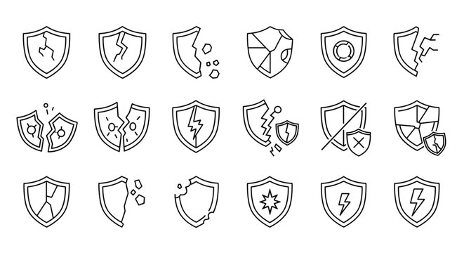 Collection of Broken Shield Related Line Icons: A comprehensive set of outline signs perfect for graphic and web design, apps, adverts, and various cards, featuring a diverse range of damaged shield