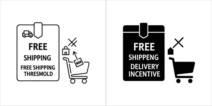 Free shipping threshold and delivery incentive glyph vector icons isolated