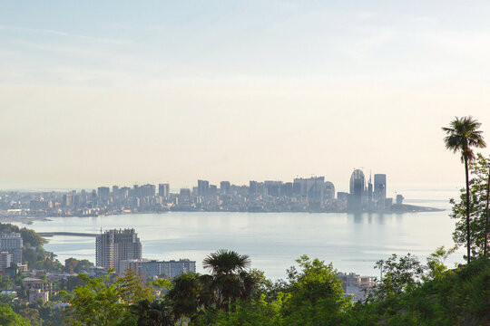 Panoramic view of Batumi city on Black Sea coast in Georgia with modern skyline, lush green hills, palm trees calm water under soft morning light, concept of travel, tourism urban coastal landscape
