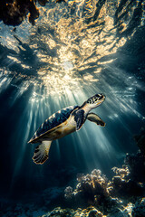 Majestic Sea Turtle in Pritine Ocean Waters Amidst Vbrant Coral Reefs CapturedUnderwater