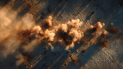Aerial view of an explosion creating a dust cloud over a barren, war-torn landscape with visible shadows