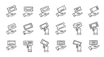 Collection of minimalistic outline icons depicting hands offering or holding tickets for cinema, theatre, or events, suitable for web, graphic design, apps, banners, social networks, and cards