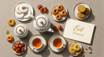Obraz premium Eid Mubarak Celebration - Tea, Dates, and Festive Treats.