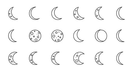 Obraz premium Collection of thin line icons representing the phases of the moon, including crescent, gibbous, and full moon with craters, suitable for web, books, cards, and apps, presented as a vector cartoon