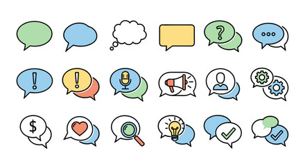 Vivid collection of outline speech bubble icons representing communication, ideas, and business concepts, including question marks, exclamation points, microphones, megaphones, gears, dollar signs