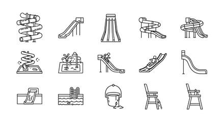 Collection of thin line icons representing various water slides and aquatic attractions, perfect for web, books, cards, and apps, presented as a vector cartoon illustration on a white background with