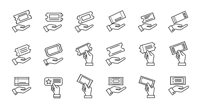 Collection of minimalistic outline icons depicting hands offering or holding tickets for cinema, theatre, or events, suitable for web, graphic design, apps, banners, social networks, and cards