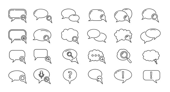 Collection of simple outline speech bubble icons representing communication, dialogue, search, and various messages, perfect for infographics, articles, books, flyers, and banners, with editable