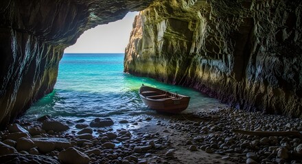 Serene Secluded Sea Cave with Wooden Boat and Turquoise Water, Rocky Shoreline, Coastal Serenity