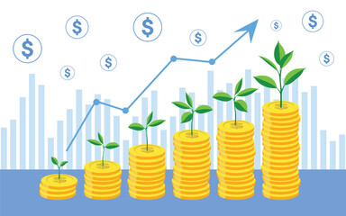 Financial Growth Concept with Stacked Coins and Green Plants Illustration