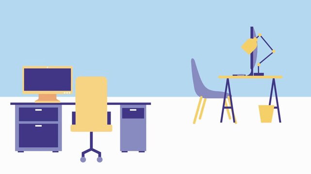 Office desks and chairs with computer and waste bin monitor