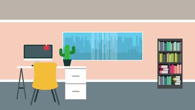 Minimalist office interior with computer and cityscape view desk monitor